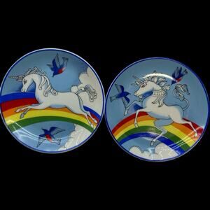 Vintage Unicorn Pegasus Rainbow Bluebirds Japan Plates Colorful